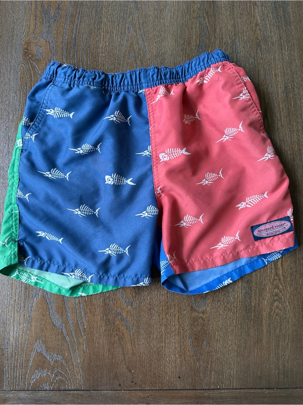 Vineyard Vines Kids Colorblock Fish-Skeleton Swim Trunks in Blue, Coral & Green
